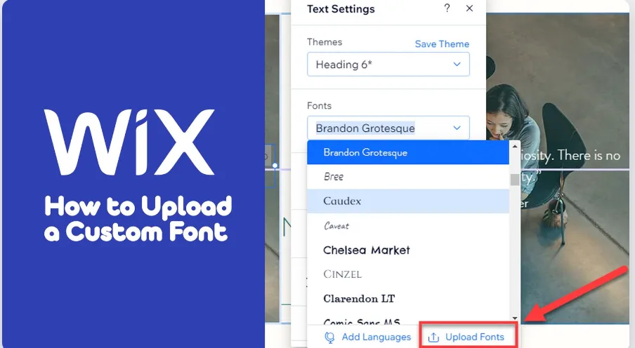 Wix Text Settings font list with a red arrow pointing to the Upload Fonts link, captioned How to Upload a Custom Font