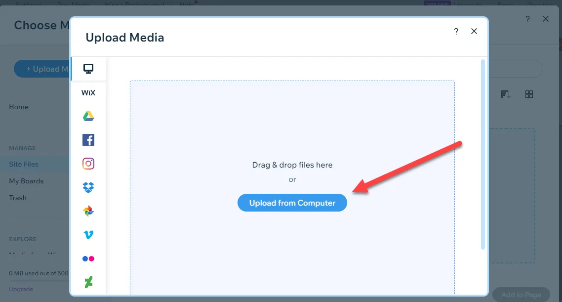 Wix Upload Media dialog with a drag and drop area and a red arrow pointing to the Upload from Computer button