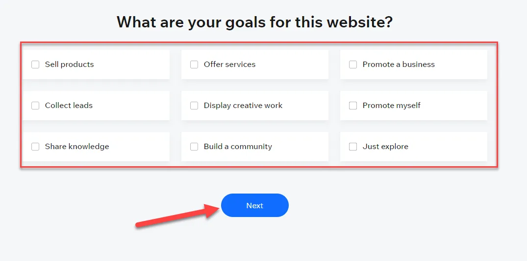Wix onboarding asking your goals for the website, with nine options including sell products, collect leads and share knowledge, and an arrow pointing to Next