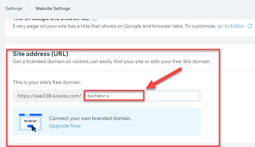 Wix Website Settings Site address section outlined in red with a red arrow pointing to the free domain slug field