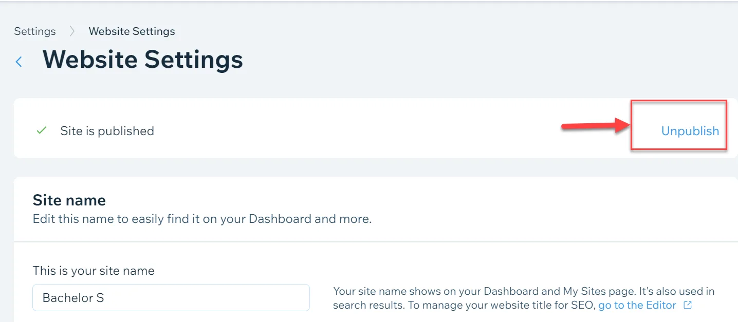 Wix Website Settings showing the site is published, with a red arrow pointing to the Unpublish link