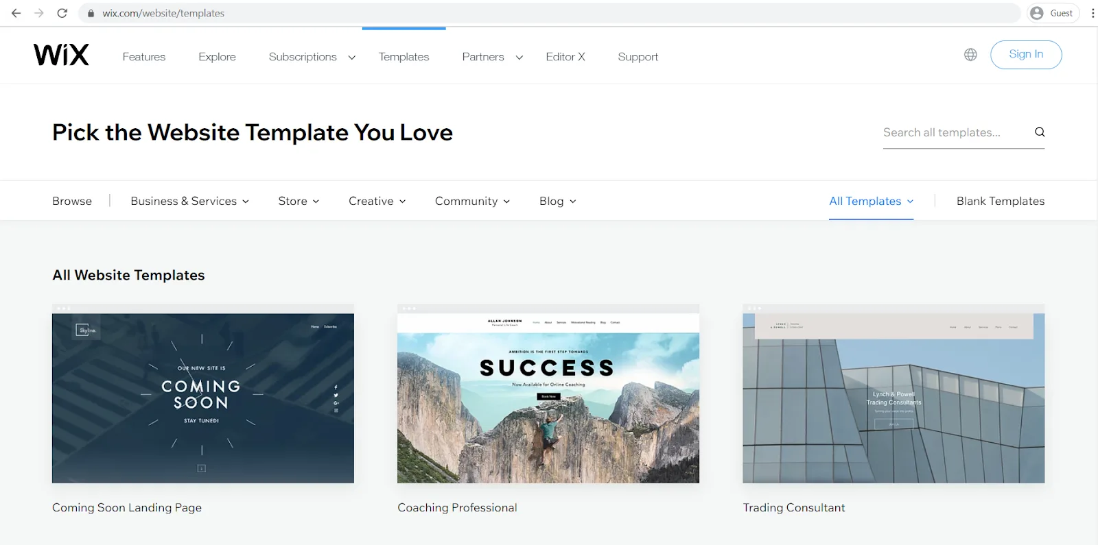 Wix template gallery headed Pick the Website Template You Love, showing Coming Soon Landing Page, Coaching Professional and Trading Consultant