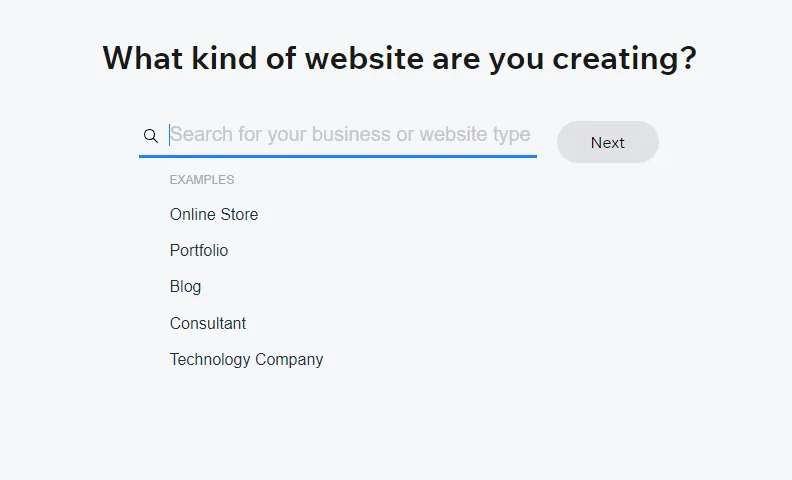 Wix onboarding question asking what kind of website you are creating, with examples including Online Store, Portfolio and Blog
