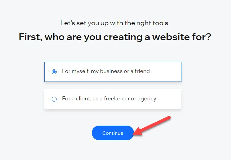 Wix onboarding asking who you are creating a website for, with the personal option selected and an arrow pointing to Continue