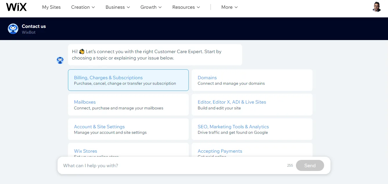 WixBot Contact us screen inviting you to choose a topic, listing Billing, Domains, Mailboxes, Editor, Account Settings and SEO options