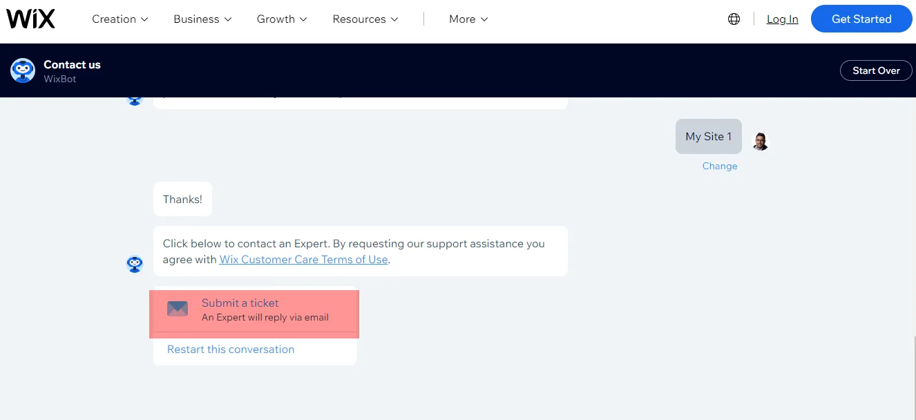 WixBot conversation highlighting the Submit a ticket option, with a note that an expert will reply by email