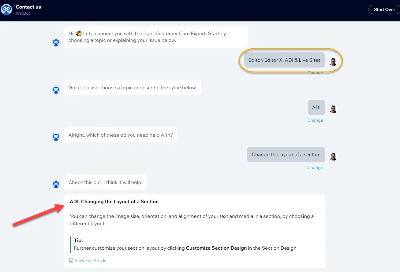WixBot conversation selecting Editor and ADI topics, with an arrow pointing to a suggested help article about changing the layout of a section