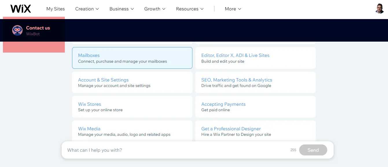 WixBot topic categories including Mailboxes, Account and Site Settings, Wix Stores, Wix Media and Get a Professional Designer