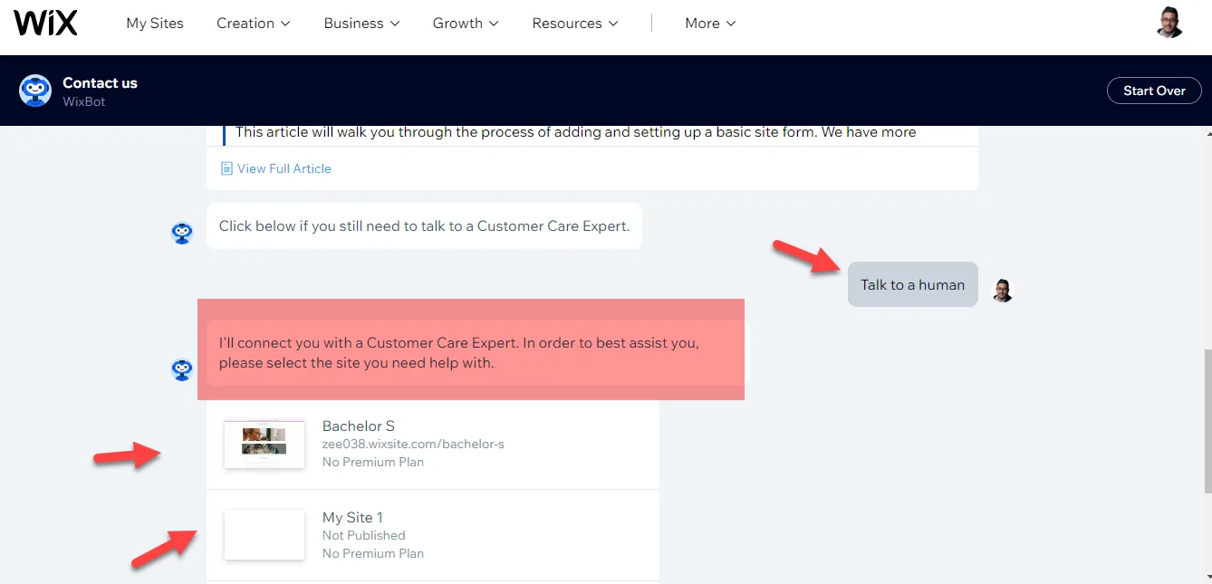 WixBot conversation with arrows pointing to the Talk to a human button and the list of sites to pick the one needing help