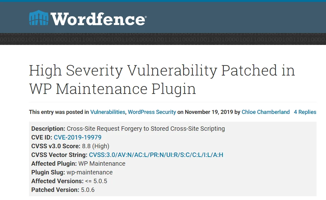 Wordfence article on a high severity vulnerability patched in the WP Maintenance plugin, listing CVE-2019-19979 and a CVSS score of 8.8