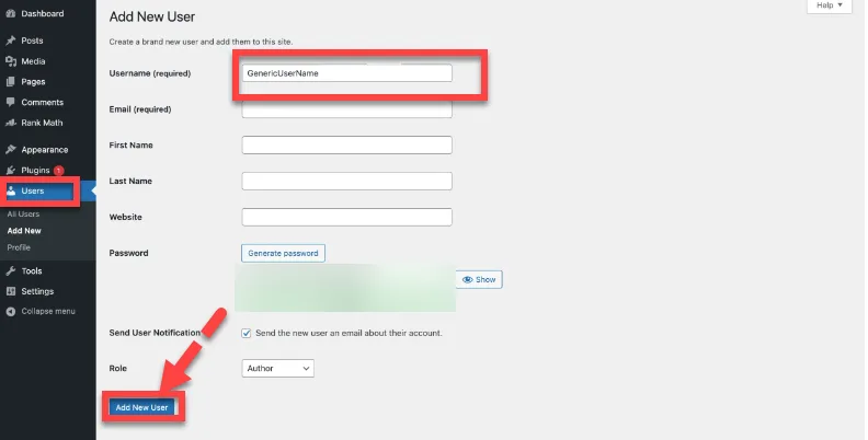 WordPress Add New User form with a generic username entered and a red arrow pointing to the Add New User button, role set to Author