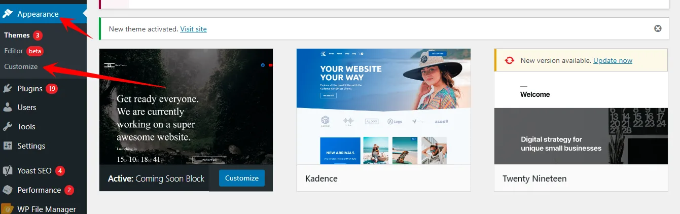 WordPress Themes screen with the Coming Soon Block theme active and red arrows pointing to Appearance and Customize