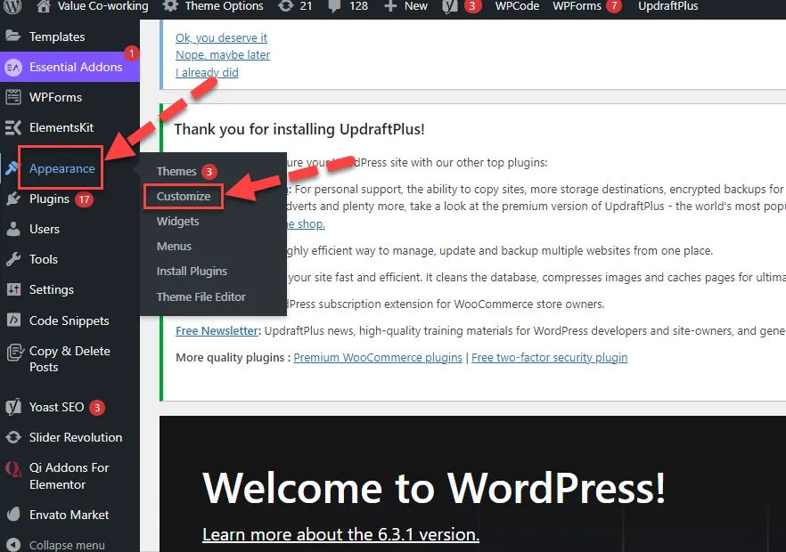 WordPress admin sidebar with red arrows pointing to Appearance and the Customize submenu entry