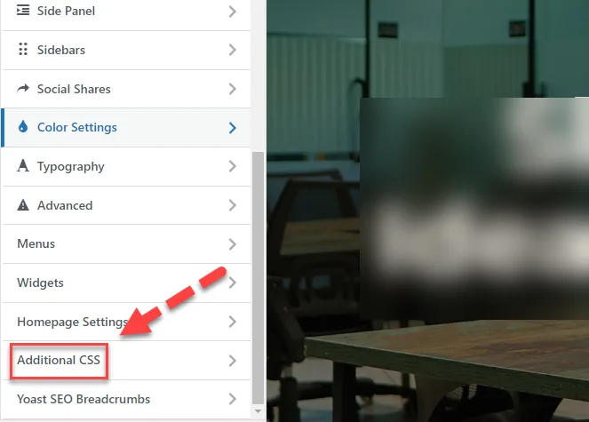 WordPress Customizer sidebar with a red arrow pointing to the Additional CSS entry at the bottom of the list