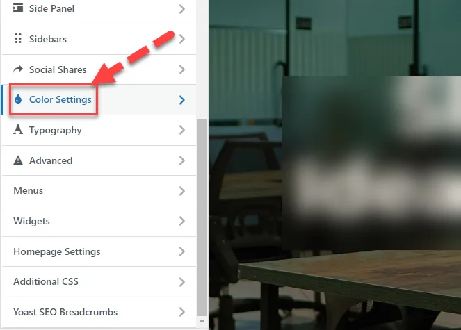 WordPress Customizer sidebar with a red arrow pointing to Color Settings, above Typography, Menus and Additional CSS