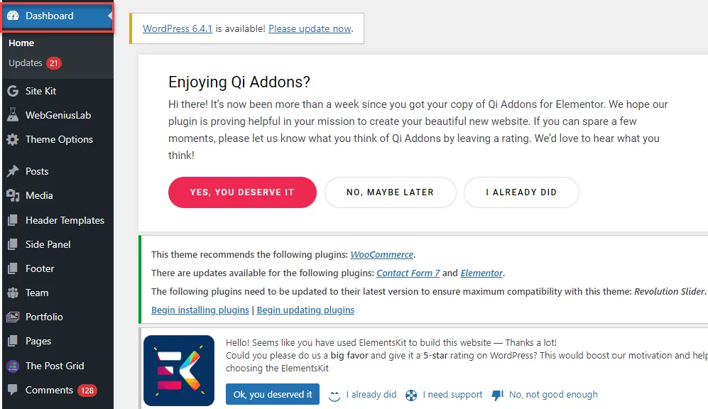 WordPress admin dashboard with the Dashboard menu item outlined in red at the top of the sidebar