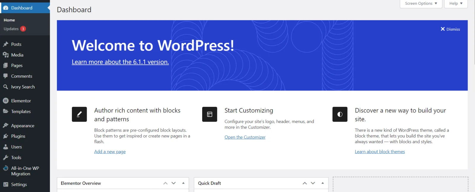 WordPress admin dashboard showing the Welcome to WordPress panel with links to author content, start customizing and block themes