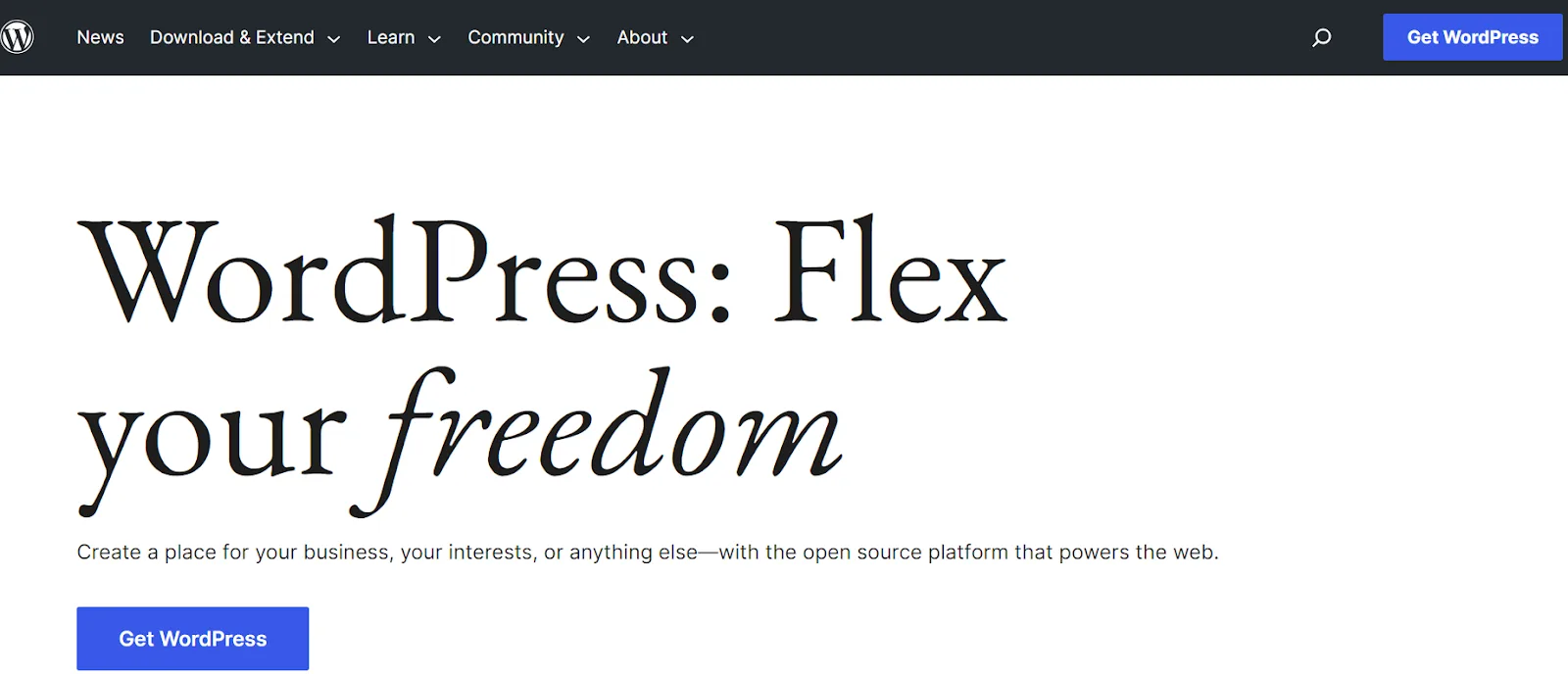 WordPress.org homepage headed Flex your freedom, with a Get WordPress button