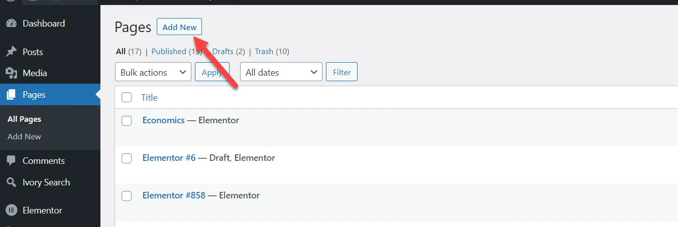 WordPress Pages list with a red arrow pointing to the Add New button above the page table