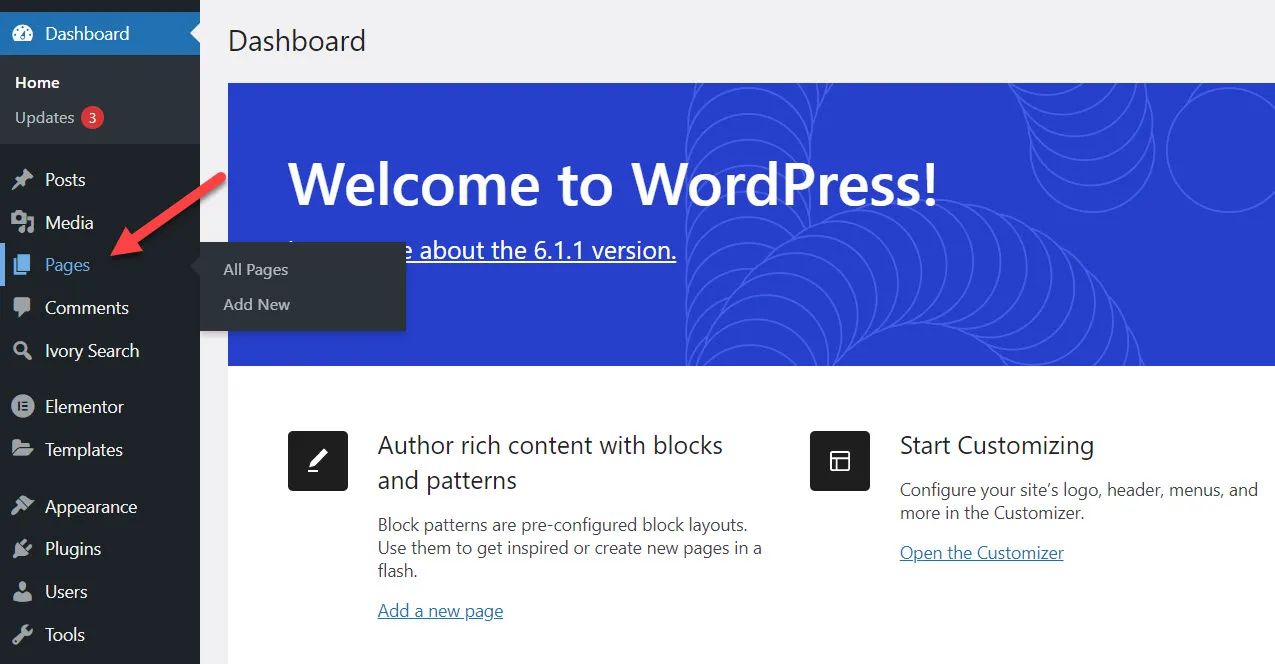 WordPress admin with a red arrow pointing to the Pages menu, its submenu showing All Pages and Add New