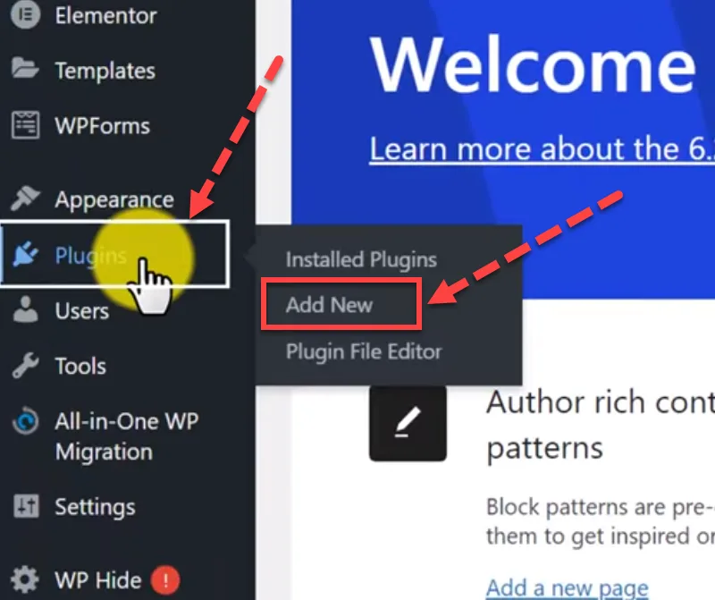 WordPress admin sidebar with red arrows pointing to the Plugins menu and its Add New submenu entry