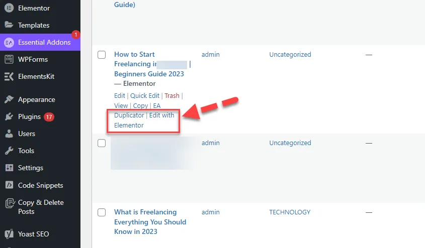 WordPress posts list with red arrows pointing to the Duplicator and Edit with Elementor links under a post