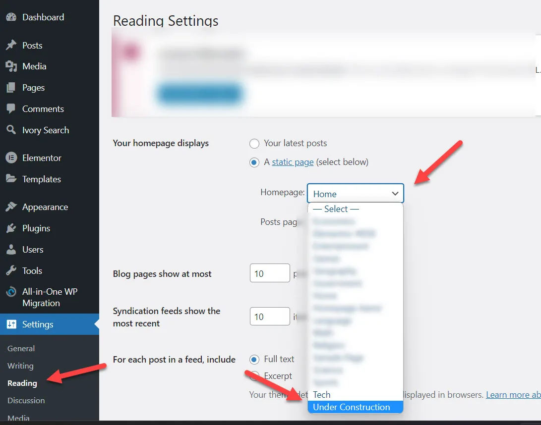 WordPress Reading Settings with red arrows pointing to the Reading menu and the Homepage dropdown, Under Construction highlighted in the list