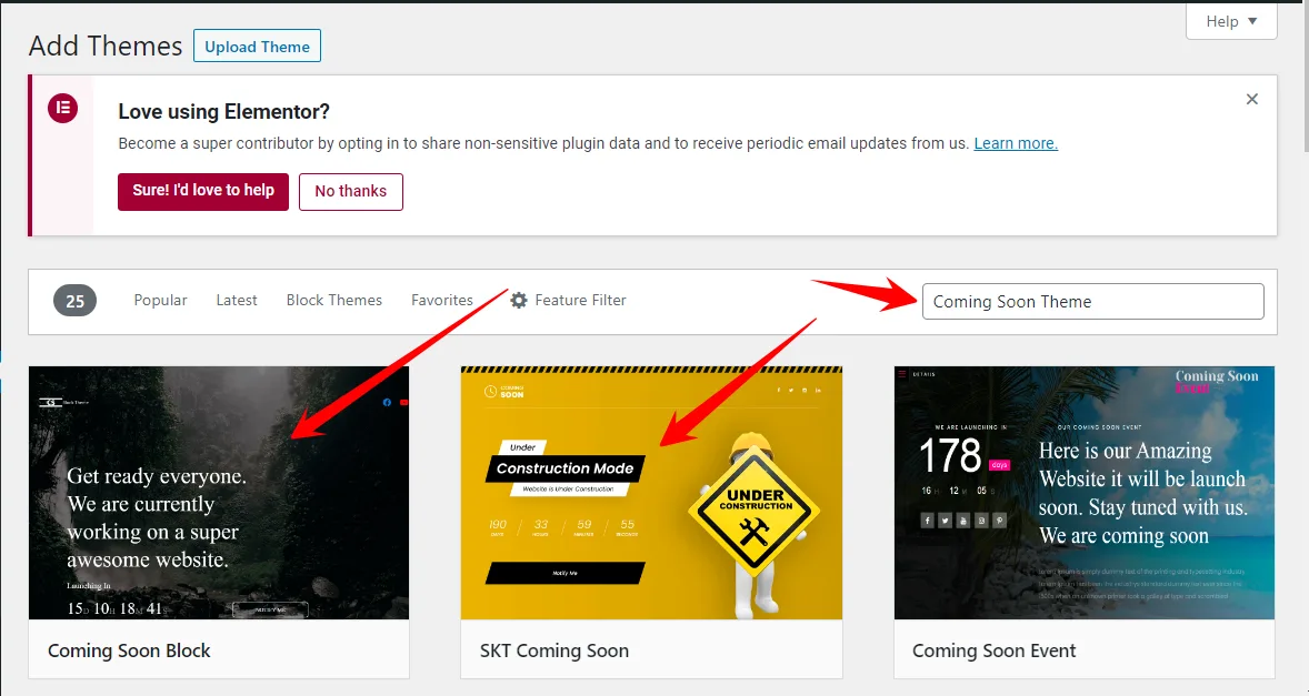 WordPress Add Themes screen with Coming Soon Theme typed in the search field, showing Coming Soon Block, SKT Coming Soon and Coming Soon Event results