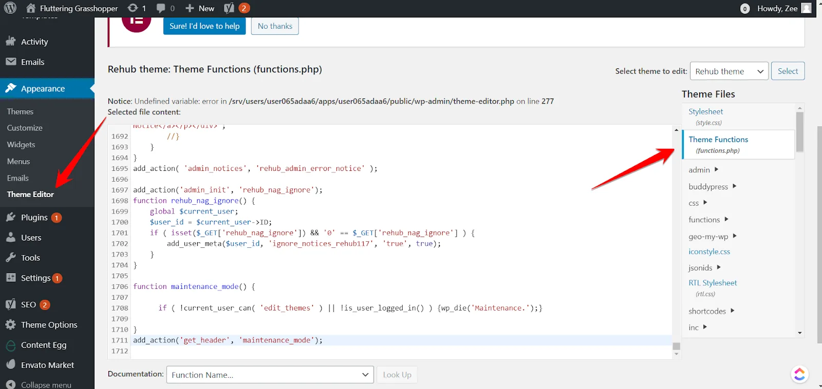 WordPress Theme Editor open on functions.php with a maintenance_mode function added, red arrows pointing to Theme Editor and Theme Functions