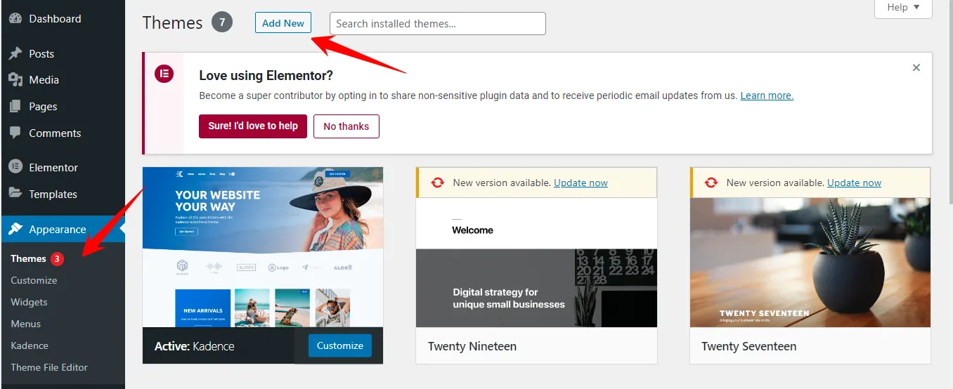 WordPress Themes screen with red arrows pointing to the Appearance Themes menu item and the Add New button