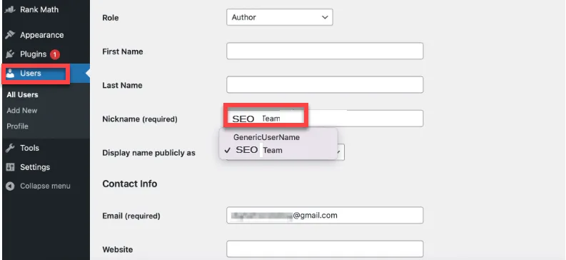 WordPress user profile with a nickname typed into the required field and the display name dropdown open showing the new value