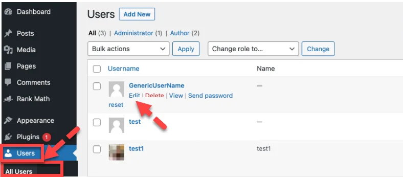 WordPress Users list with red arrows pointing to the Users menu and the Edit link under the new generic username