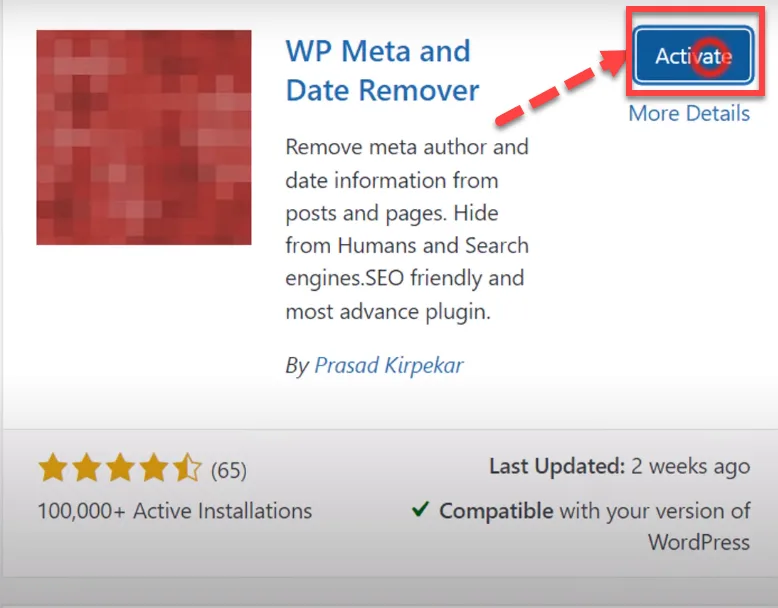 WP Meta and Date Remover plugin card with a red arrow pointing to the Activate button