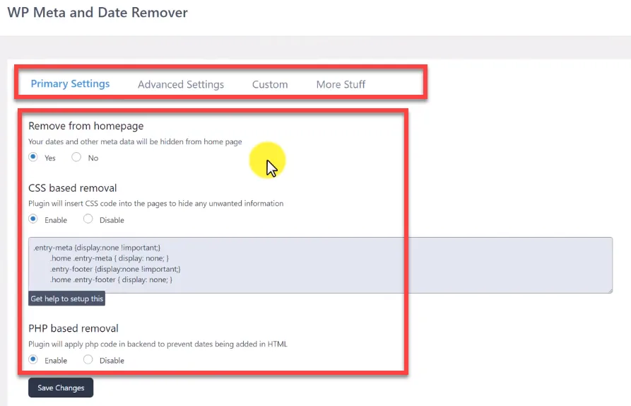 WP Meta and Date Remover primary settings outlined in red, showing remove from homepage, CSS based removal and PHP based removal options