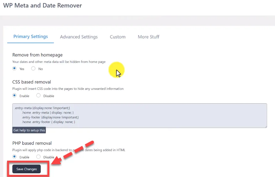 WP Meta and Date Remover settings with a red arrow pointing to the Save Changes button